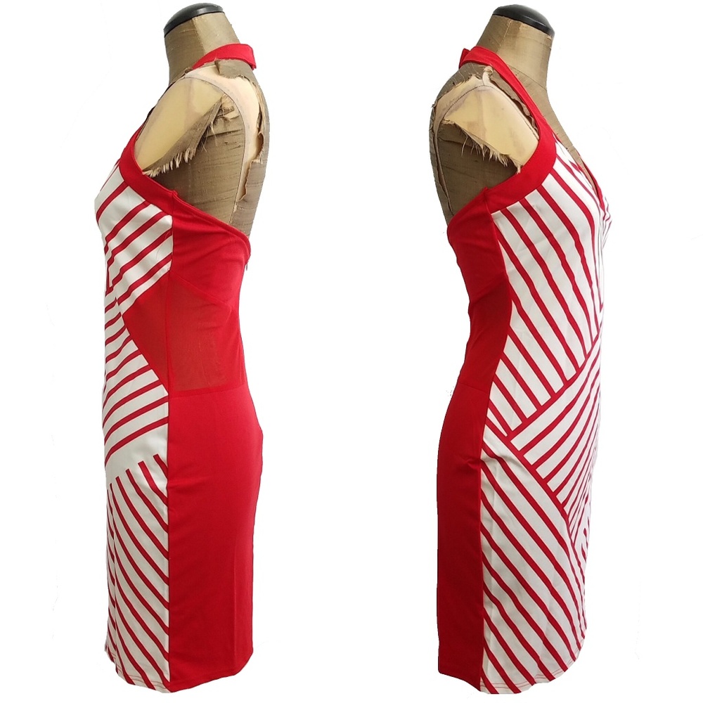 -NEW- Chic RED white striped mini stretchy dress - Picture 5 of 8